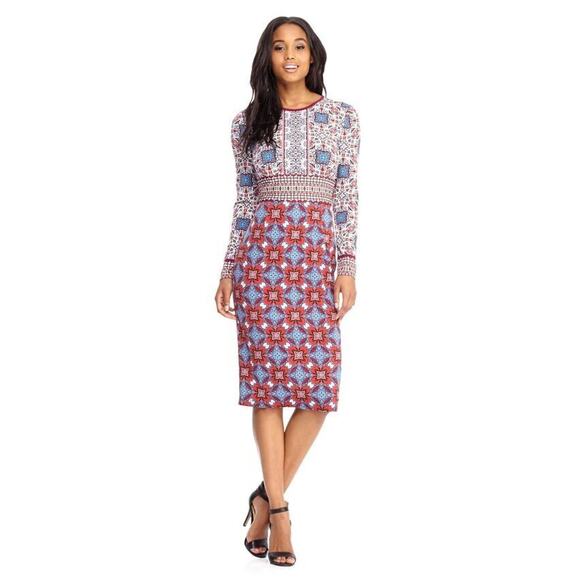 Maggy London Dresses & Skirts - Maggy London Carmen Red Floral Geometric Midi Pencil Dress Long Sleeves Empire 8